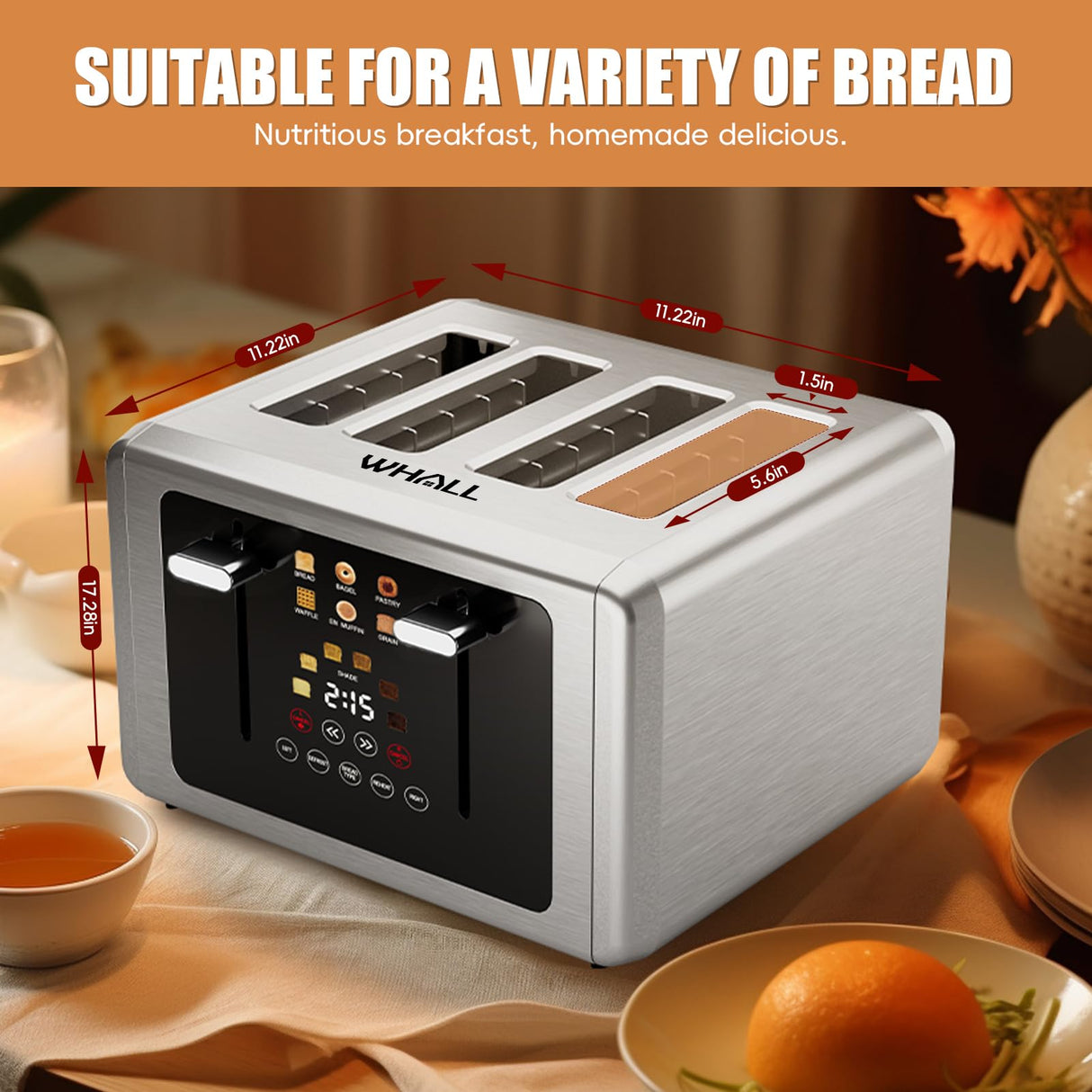 whall 4 Slice Touch Screen Toaster, Stainless Steel Toasters Digital Timer, Dual Control Panel Toasters，6 Shade Settings＆6 Bread Types, Smart Wide Slots, Bagel, Cancel, Defrost, Flat lever Stainless whall