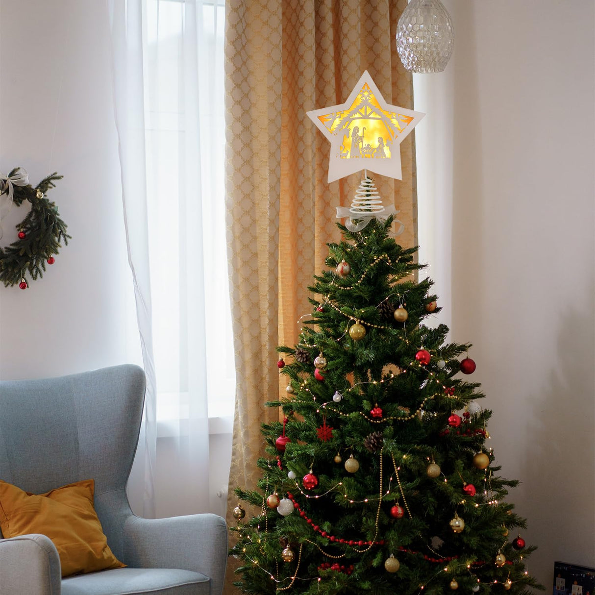 GHOSTMAGIC Christmas Tree Topper Star Nativity 7.87 x 9.25 inches Wooden Xmas Tree Top Star with 3 Modes LED Light Treetop Decoration for Christmas Bar Shop Office Home Decor (White) GHOSTMAGIC