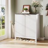 Maupvit 5-Tier Shoe Cabinet with Fluted Doors, Farmhouse Storage Cabinet with Adjustable Shelves, Wooden Shoe Rack Organizer Cabinet for Entryway, Foyer, Hallway, Living Room, White Maupvit