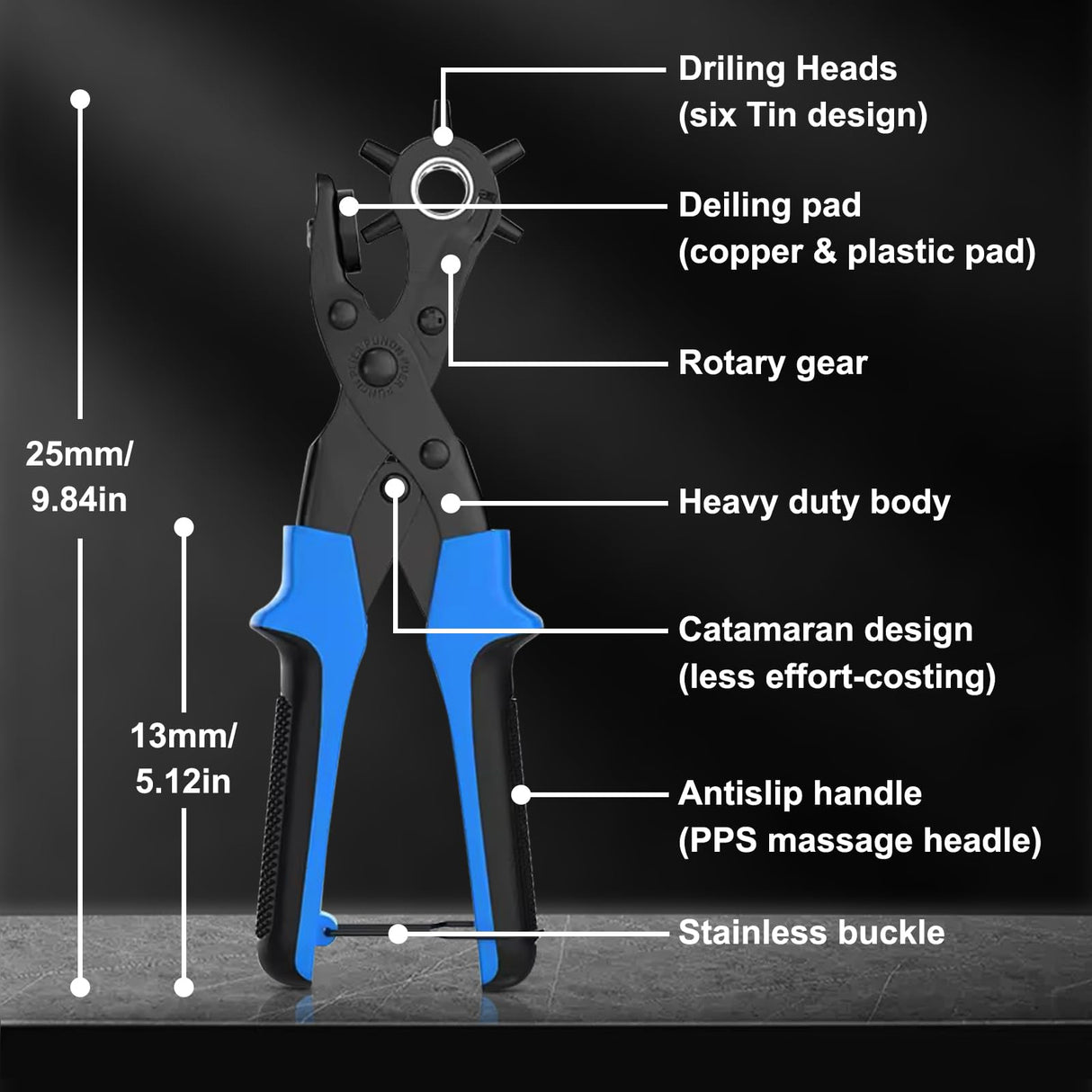Diyife Professional Leather Hole Puncher, Full Set Punch Tool Kits for Belt, Watch Band, Shoe, Crafting, Handbag Straps, Fabric, with Extra Punch Plates and Ruler, Multi Hole Sizes Make - Blue Diyife
