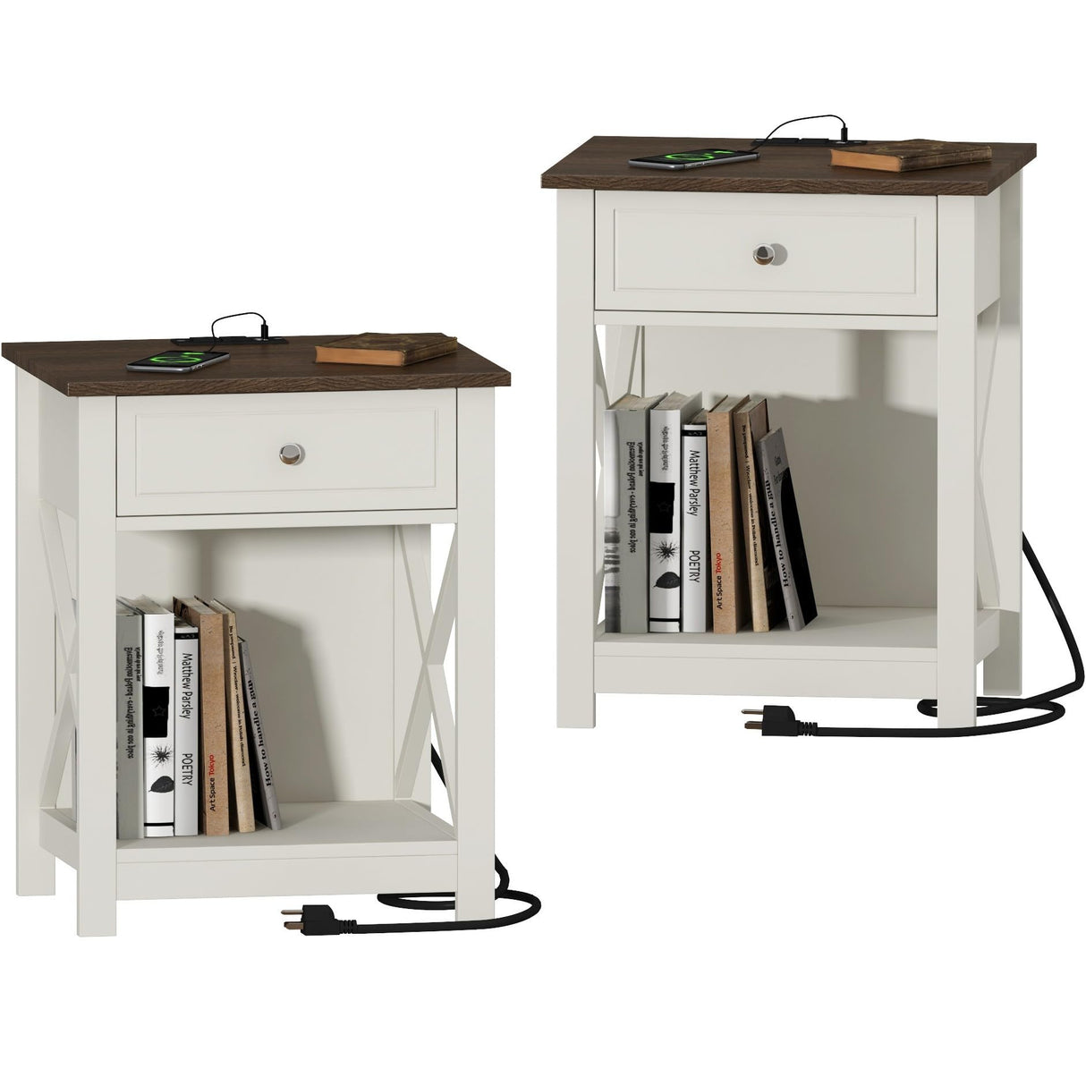 Treocho Farmhouse End Table Set of 2,Nightstand with Charging Station, X-Design Side Table with 2 AC and USB Power Outlets, Small Night Stand with Storage Drawer and Open Shelf for Living Room Treocho