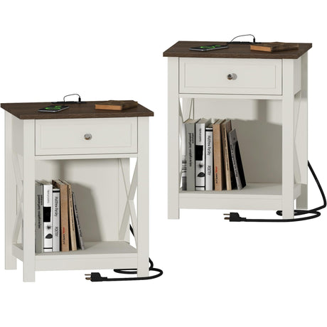 Treocho Farmhouse End Table Set of 2,Nightstand with Charging Station, X-Design Side Table with 2 AC and USB Power Outlets, Small Night Stand with Storage Drawer and Open Shelf for Living Room Treocho