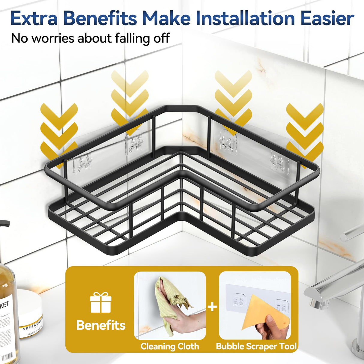 YASONIC Corner Shower Caddy Organizer, 5-Pack Adhesive Rustproof Stainless Steel Shower Shelves with Soap Holder, No Drilling Shower Storage Rack for Family Renters Bathroom, Black YASONIC