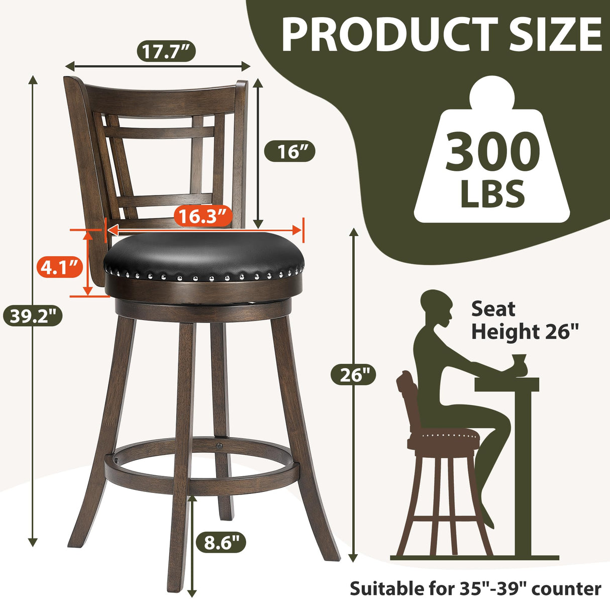 PrimeZone Swivel Bar Stools Set of 4-26" Counter Height Barstools with Backs, Faux Leather Bar Stool with Solid Wood Footrest & Nailhead Trim, Modern Counter Stools for Kitchen Island & Pub, Black PrimeZone