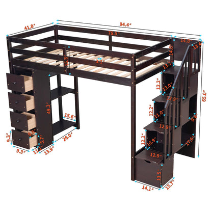 Twin Loft Bed with Stairs and Storage by Harper & Bright Designs - Solid Wood Frame in Espresso