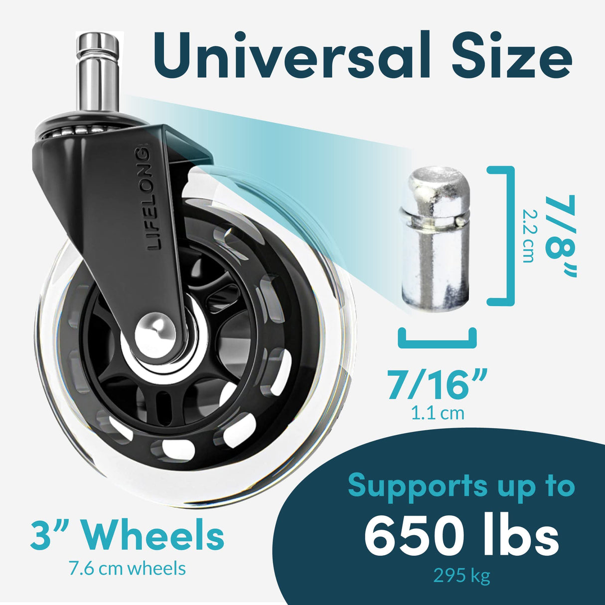 Lifelong Original Office Chair Wheels (As Seen On CNN) Replacement Rubber Chair Casters for Hardwood Floors and Carpet, Set of 5, Heavy Duty Casters for Chairs to Replace Office Chair Mats - Fits 98% Lifelong