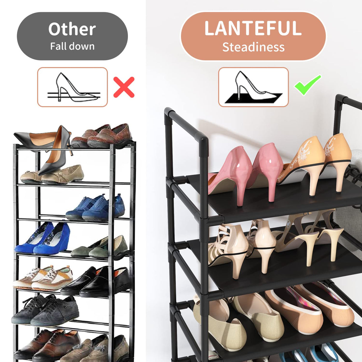 LANTEFUL 10 Tiers Tall Shoe Rack 20-25 Pairs Boots Organizer Storage Sturdy Narrow Shoe Shelf for Entryway, Closets with Hooks, Black LANTEFUL