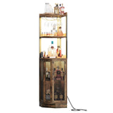 EOYUTLLY Corner Bar Cabinet With Power Outlet and LED Strip, 65" H 5-Tier Liquor Wine Display for Home, Storage Solution for Living Room, Kitchen, Home Bar, Brown EOYUTLLY