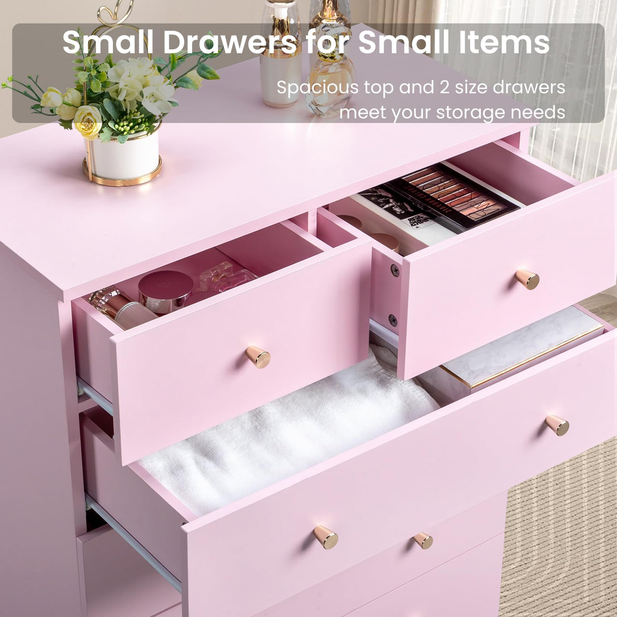 Karl home Pink 5 Drawer Dresser for Bedroom, Modern Wood Dresser Chest of Drawers, Pink Bedroom Dressers for Girls, Anti-Tipping Device, Rose Gold Metal Handle, Living Room, Entryway, Hallway, Office Karl home