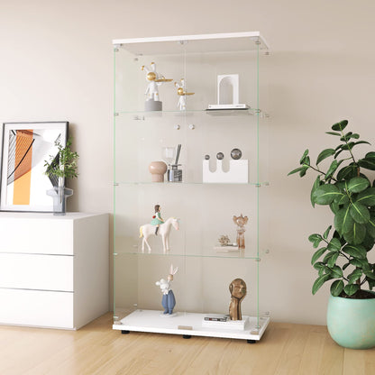 KEIKI Glass Display Cabinet with Doors and Keys, 4-Tier Glass Display Shelf Curio Cabinet, Standing Trophy Collection Display Case with Lock & Handle, White