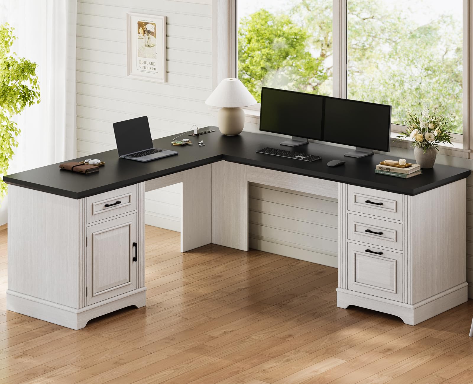Itaar Farmhouse Executive L Shaped Desk, Home Office Desk with File