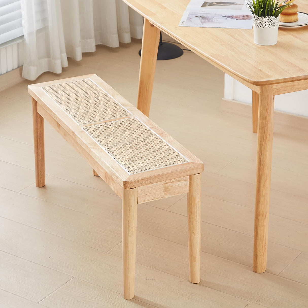 Jimenuco 40" Wooden Dining Bench with Hand Woven Rattan Seat,Solid Wood Bench for Entryway,Living Room,Kitchen and Bedroom（Nature Wood，18" H Jimenuco