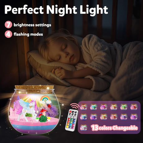 Rofio Unicorn Terrarium Kit for Kids, Unicorn Toys for Girls Age 4 5 6 7 8-12 Year Old, Birthday Gift for Girls, Arts and Crafts Kit for Kids, DIY Toys with 13-Color Remote LED Night Light Rofio