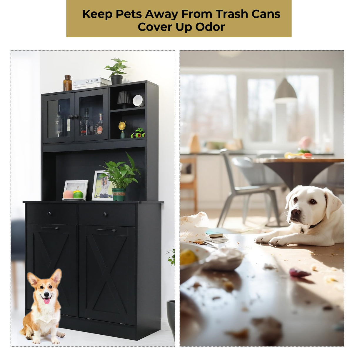 Arlopu Dual Tilt Out Trash&Storage Cabinet, Kitchen Sideboard Cupboard W/Pet Proof 10X2 Gal Hidden Garbage Holder, Freestand Laundry Sort Cabinet, W/Drawer, Shelves,Barn Door (Black) Arlopu