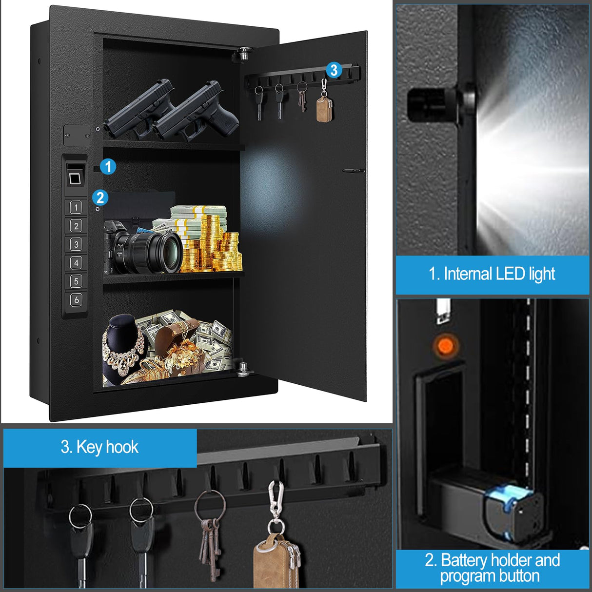 Wall Safe, Hidden Fingerprint Security wall Safe, In Wall Safe Between Studs, Upgraded Biometric/Keypad/Key Access, Secure Handgun, Documents, Jewelry, Valuables (Biometric Fingerprint) LANGGER V