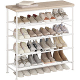 SUOERNUO Shoe Rack Organizer 5 Tier for Closet Entryway Free Standing Metal Storage Shoe Shelf with MDF Top Board，White+Oak SUOERNUO