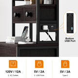 REAHOME 41 Inch Tall Nightstand with Charging Station, LED Night Stand with 6 Fabric Drawers, Bed Side Table with 3-Tier Wood Storage Shelves for Bedroom, Office, Small Spaces, Leather Brown REAHOME