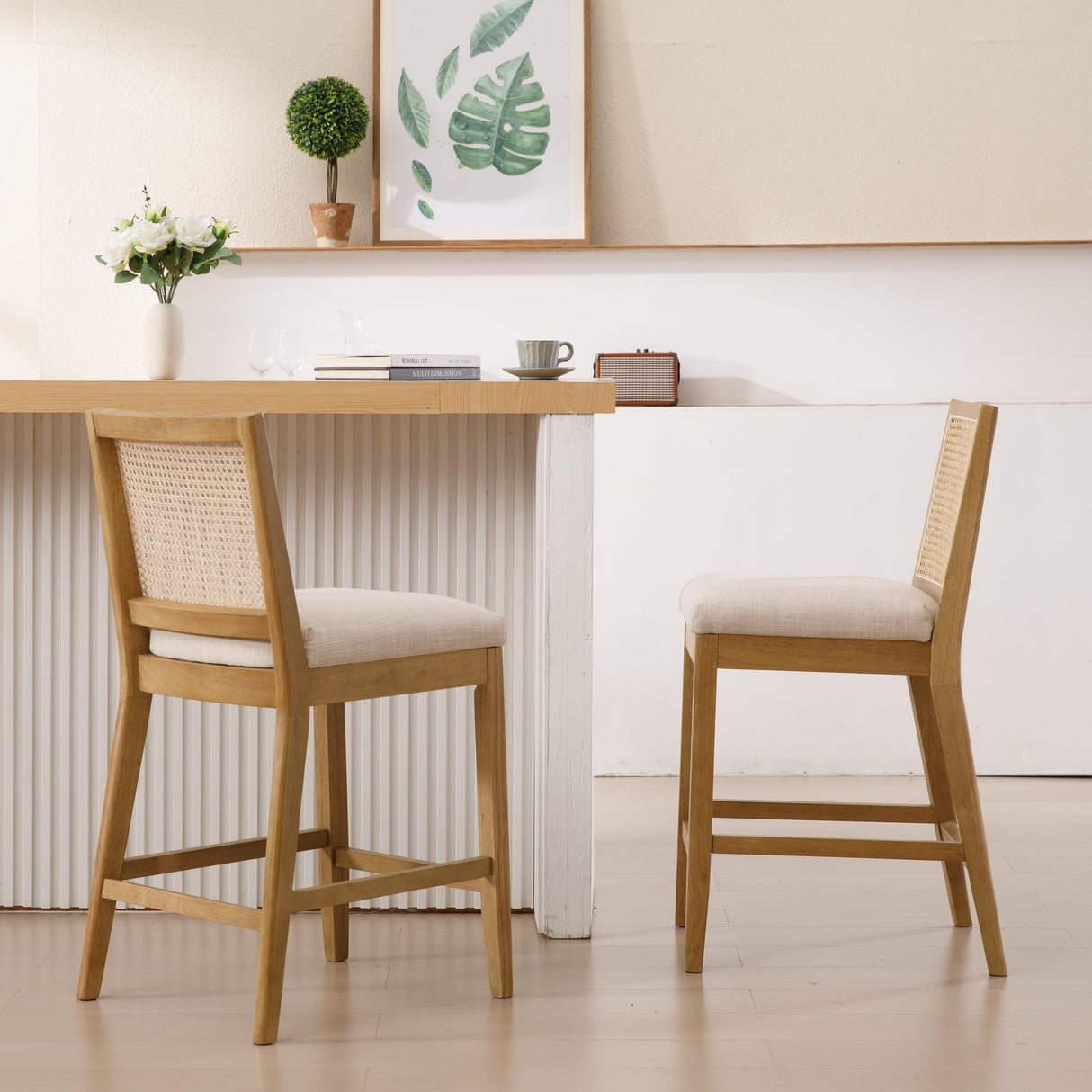 BESTANO Rattan Counter Stools Set of 4, 26 Inches Modern Counter Height Bar Stools Farmhouse Wooden Barstools with Back, Boho Linen Fabric Upholstered Kitchen Island Chairs, Cream BESTANO