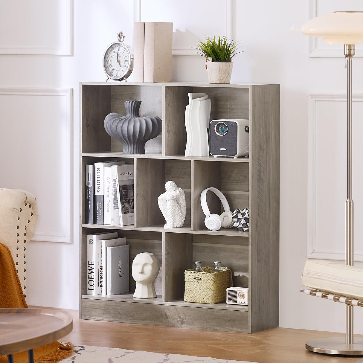 LEYAOYAO 7 Cube Bookshelf with Base,3 Tier Mid-Century Modern Grey Bookcase,Standing Wide Bookshelves Storage Organizer Shelf,Rustic Wood Display Cabinet Book Shelves for Bedroom,Living Room,Office LEYAOYAO