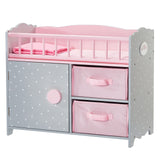 Olivia's Little World Wooden Baby Doll Crib with a Cabinet and Two Cubbies for Doll Accessory Storage Underneath, Pink and Gray and White Polka Dots Olivia's Little World