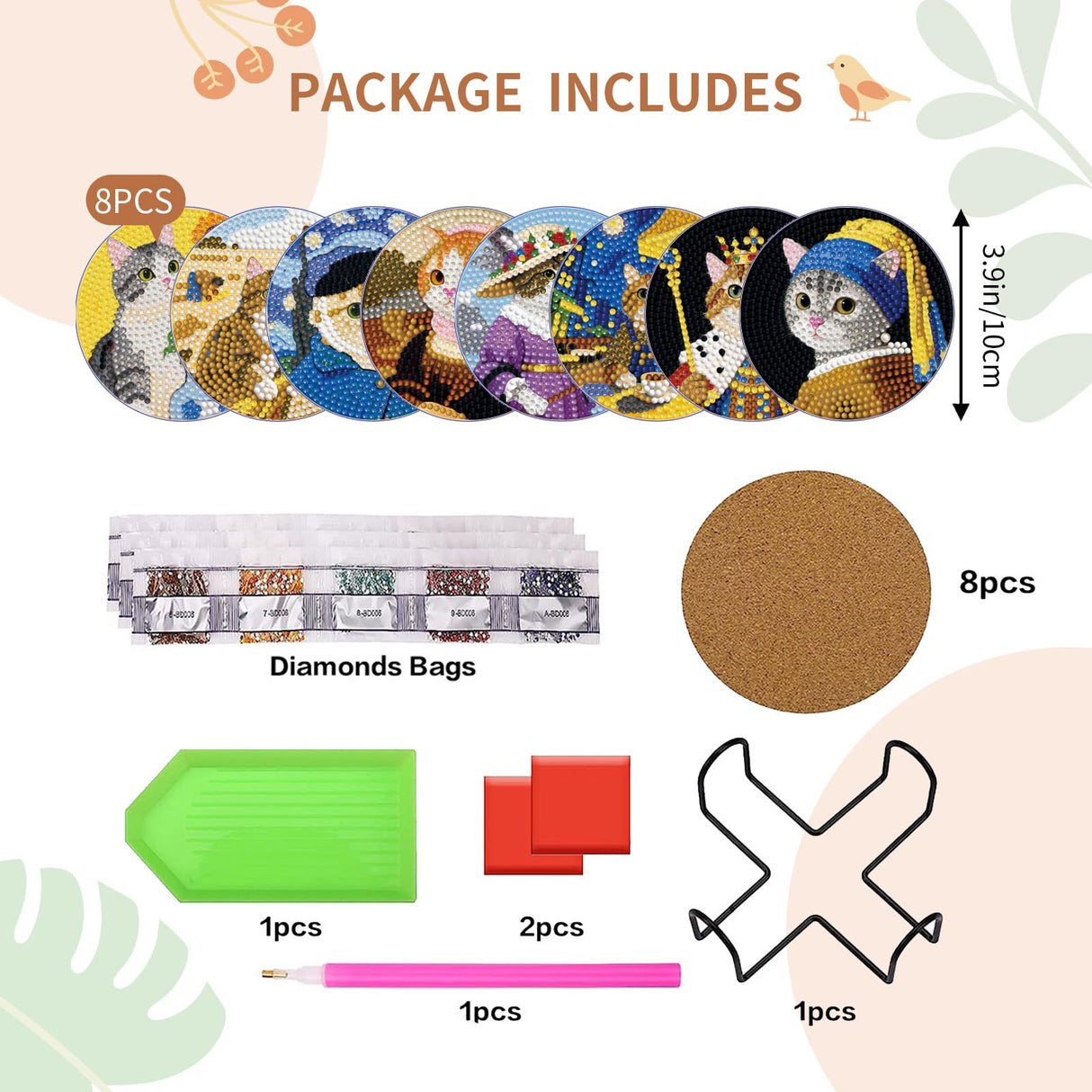 PERFECTSIGHT 8 Pcs DIY Diamond Art Painting Coasters with Holder, Cute Diamond Paint Coaster Kits for Adults, Kawaii Full Drill Diamond Art Craft Paint by Number Non Slip Coaster - Multicolor Cats PERFECTSIGHT