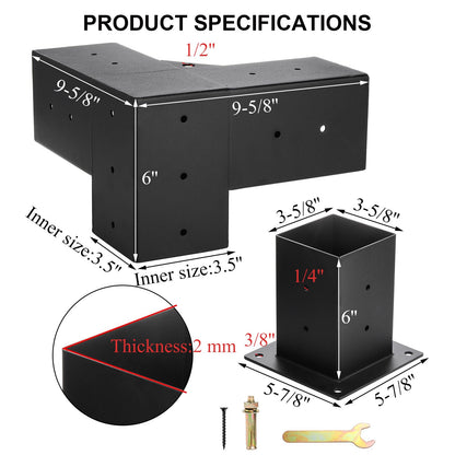 Yesland 8 Pcs Pergola Brackets Kit, 4 x 4 Inch 3-Way Right Angle Corner Bracket Post Bracket Elevated Wood Stand Kit with Black Coating Inner Size 3.6 X 3.6 Inch for Lumber, Gazebos, Patio Pe - WoodArtSupply