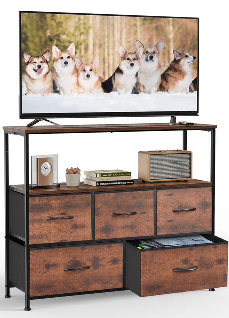 DUMOS TV Stand Dresser for Bedroom Entertainment Center with 5 Fabric Drawers Storage Organizers Units, Media Console Table with Open Shelf up for 45" Television for Living Room, Dorm, Brown DUMOS