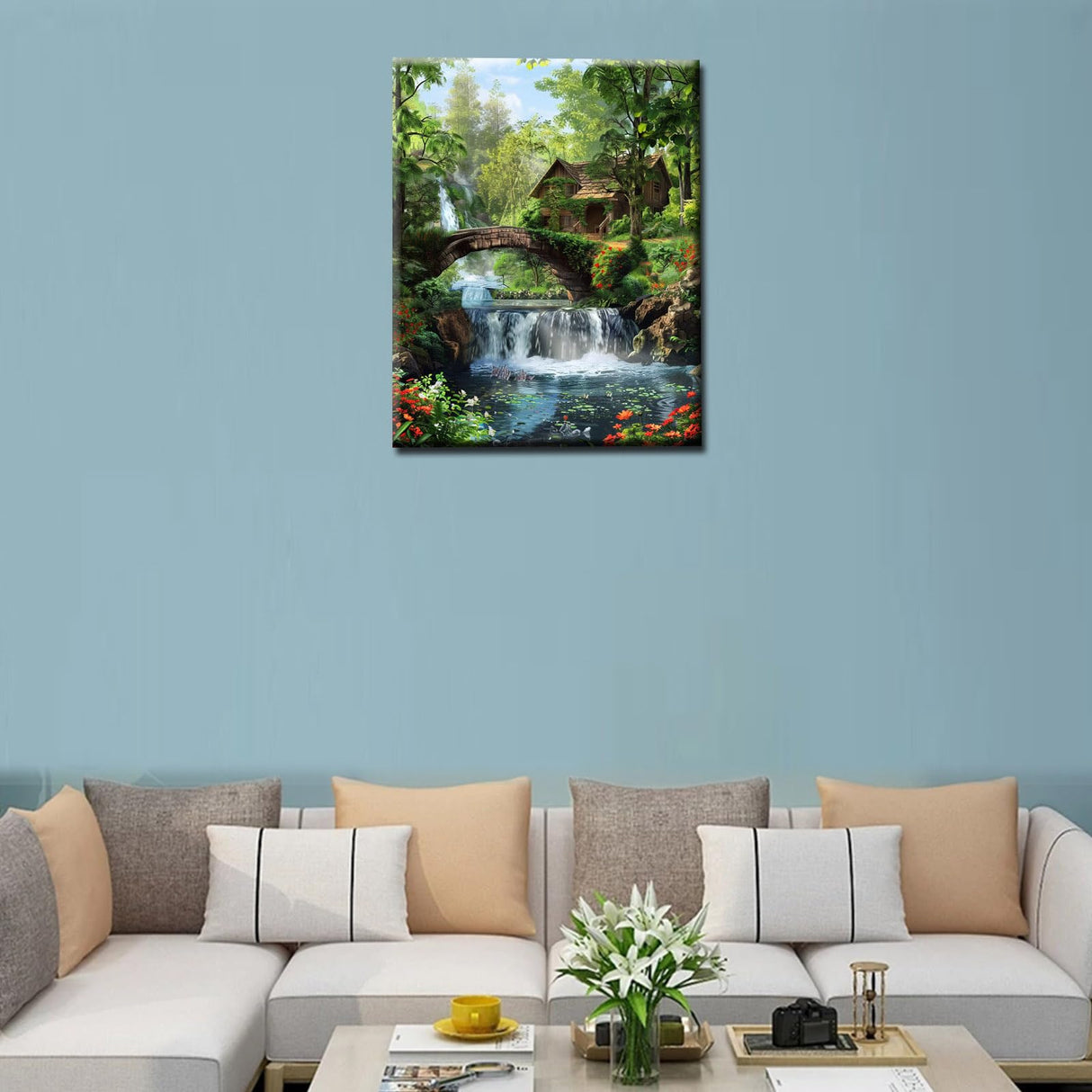 Tropical Frorest Waterfall Paint by Number for Adults Beginner,DIY Oil Painting Kits on Canvas with Brushes and Acrylic Pigment Abandoned Wooden House,Bridge Pictures Gifts 16x20 inch (Frameless) Tucocoo