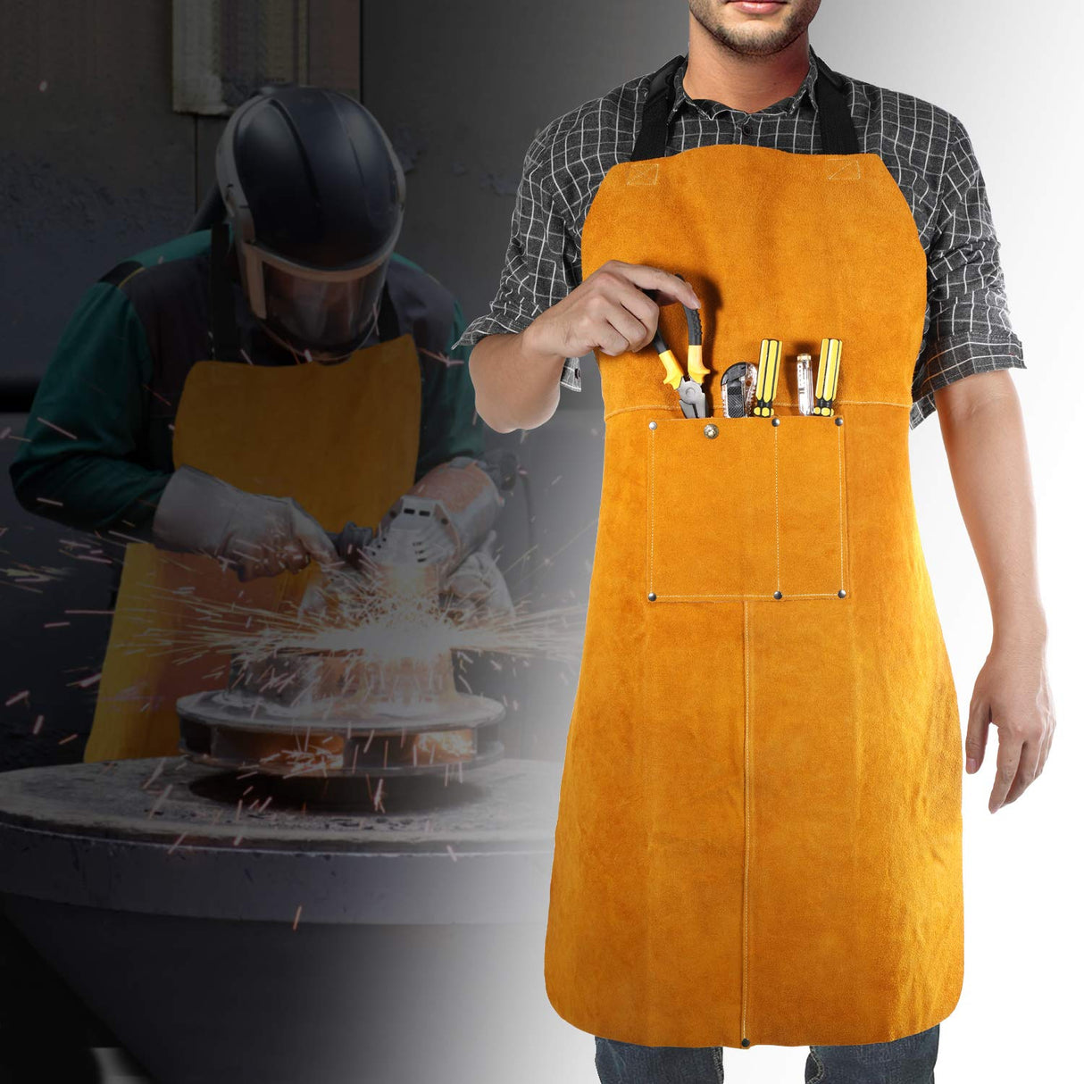 Benozit Leather Welding Apron, Flame & Spark Resistant Bib, Safety Smock, Protective Clothing Gear for Blacksmiths, Welders & Woodworkers, 23x35 inches Benozit