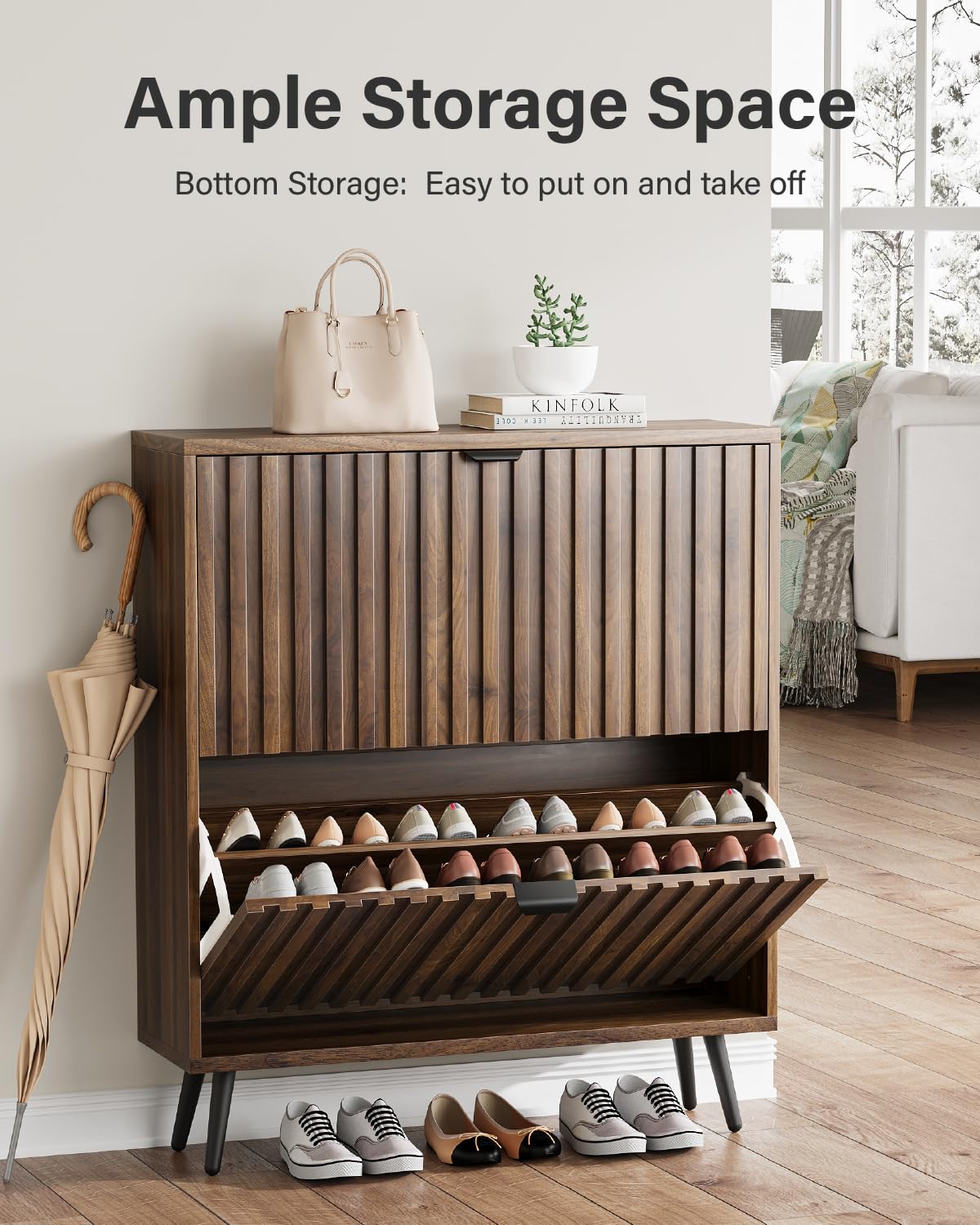 Shoe Storage Cabinet, Fluted Shoe Cabinet Storage for Entryway, Walnut Hidden Shoe Cabinet with Metal Legs,Shoe Organizer Cabinet with Flip Doors, Slim Entryway Shoe Storage Cabinet （31.5in） Smart FENDEE
