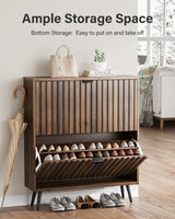 Shoe Storage Cabinet, Fluted Shoe Cabinet Storage for Entryway, Walnut Hidden Shoe Cabinet with Metal Legs,Shoe Organizer Cabinet with Flip Doors, Slim Entryway Shoe Storage Cabinet （31.5in） Smart FENDEE
