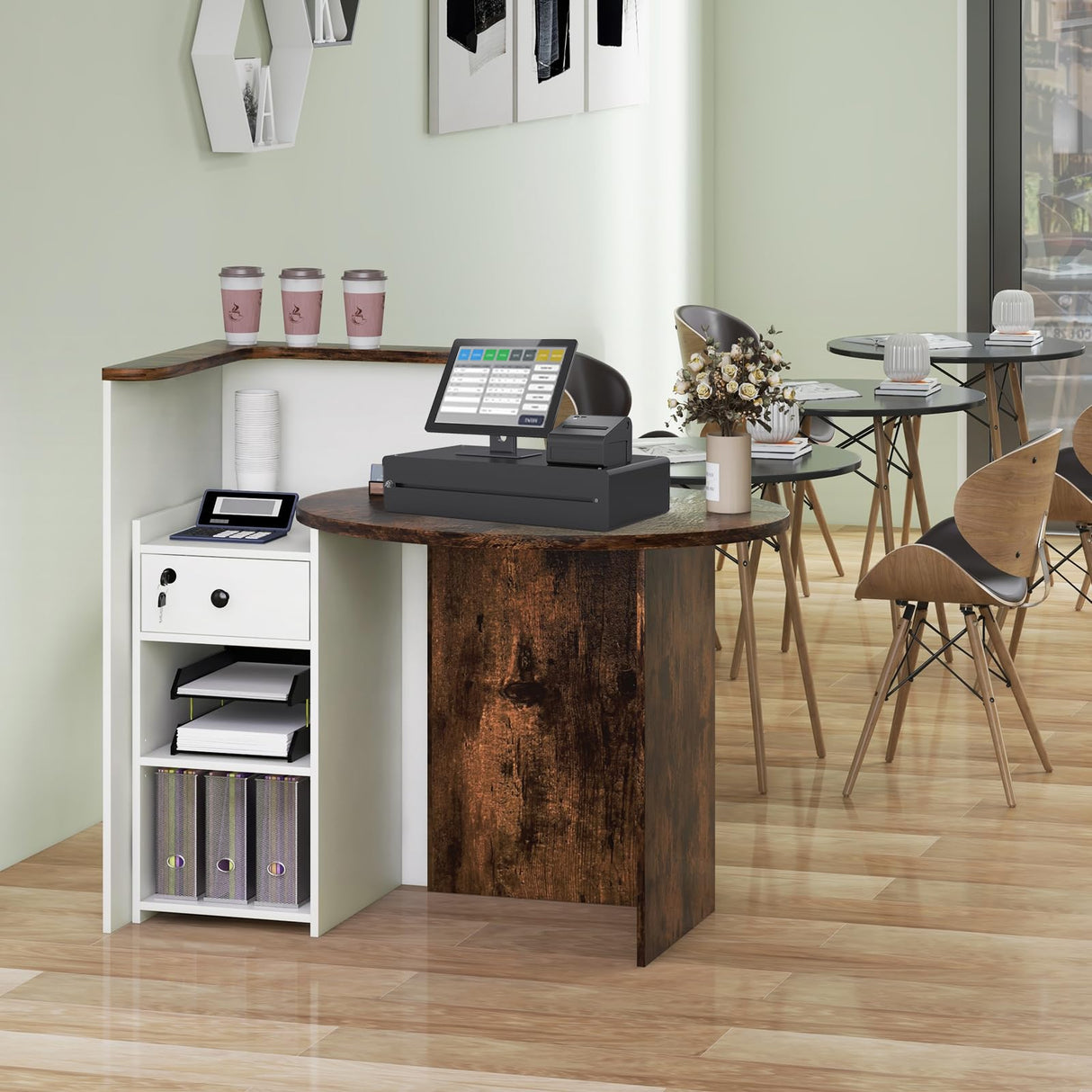 Giantex Reception Desk, Front Counter Desk with Lockable Drawer, Checkout Table with Round Tabletop, Corner Shelf & Adjustable Shelf for Office Beauty Salon Retail Store (White & Brown) Giantex