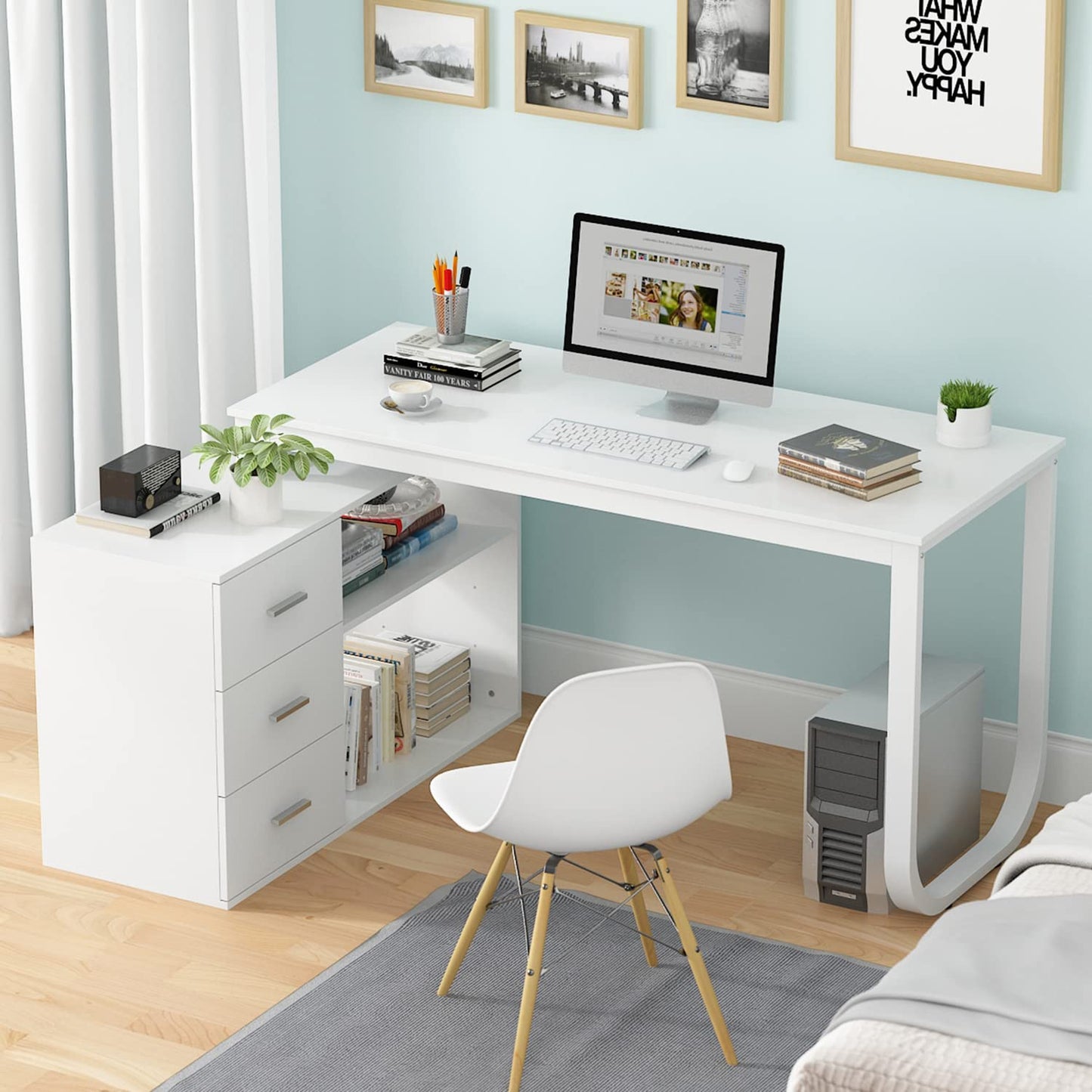 Homsee Home Office Computer Desk Corner Desk with 3 Drawers and 2 Shelves, 55 Inch Large L-Shaped Study Writing Table with Storage Cabinet - White - WoodArtSupply