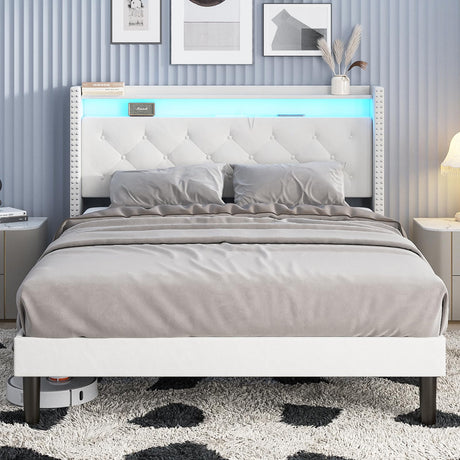 Vabches Full Size Bed Frame with LED Headboard, Velvet Upholstered Platform Bed Frame with Lights and Charging Station, Wingback Storage Headboard and Type C & USB Ports, Wood Slats, White Vabches