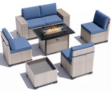 Aukreolis 7 Pieces Patio Furniture Set with Fire Pit Table, Outdoor Sectional Wicker Sofa with Thickened Cushions and Coffee Table, High Back Rattan Patio Conversation Sets, Navy Aukreolis