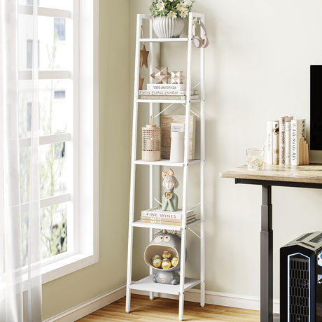 Hzuaneri Ladder Shelf, Bookshelf Bookcase, Freestanding Corner Storage Shelve with 2 Hooks for Home Office, Living Room, Kitchen, Bedroom, Industrial, 5-Tier White BC03213W Hzuaneri