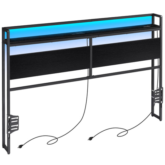 ELYKEN Queen Size Headboard with Power Outlet and Colourful LED Strip Light - Black - WoodArtSupply