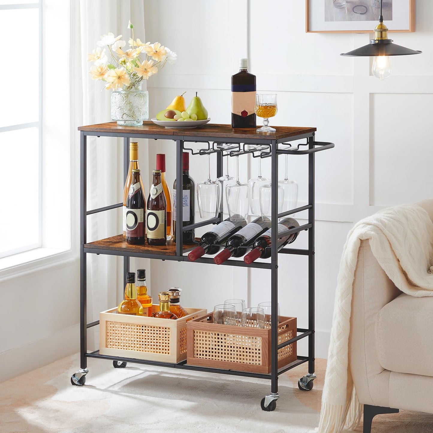 HOOBRO Bar Cart for The Home, 29.5 inches 3-Tier Serving Cart with Wheels, Rolling Kitchen Cart with Wine Rack and Glass Holder for Living Room, Party, Bar, Rustic Brown and Black BF21TC01G1 - WoodArtSupply