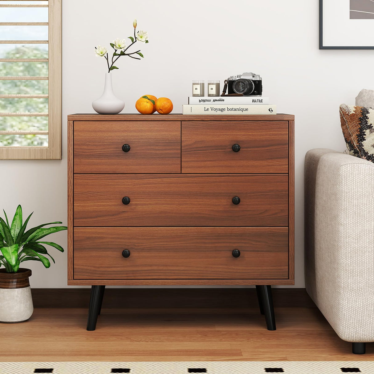 GOFLAME 4 Drawer Dresser for Bedroom, Modern Chest of Drawers, Wood Storage Dresser Organizer for Closet, Living Room, Hallway, Entryway, Walnut GOFLAME