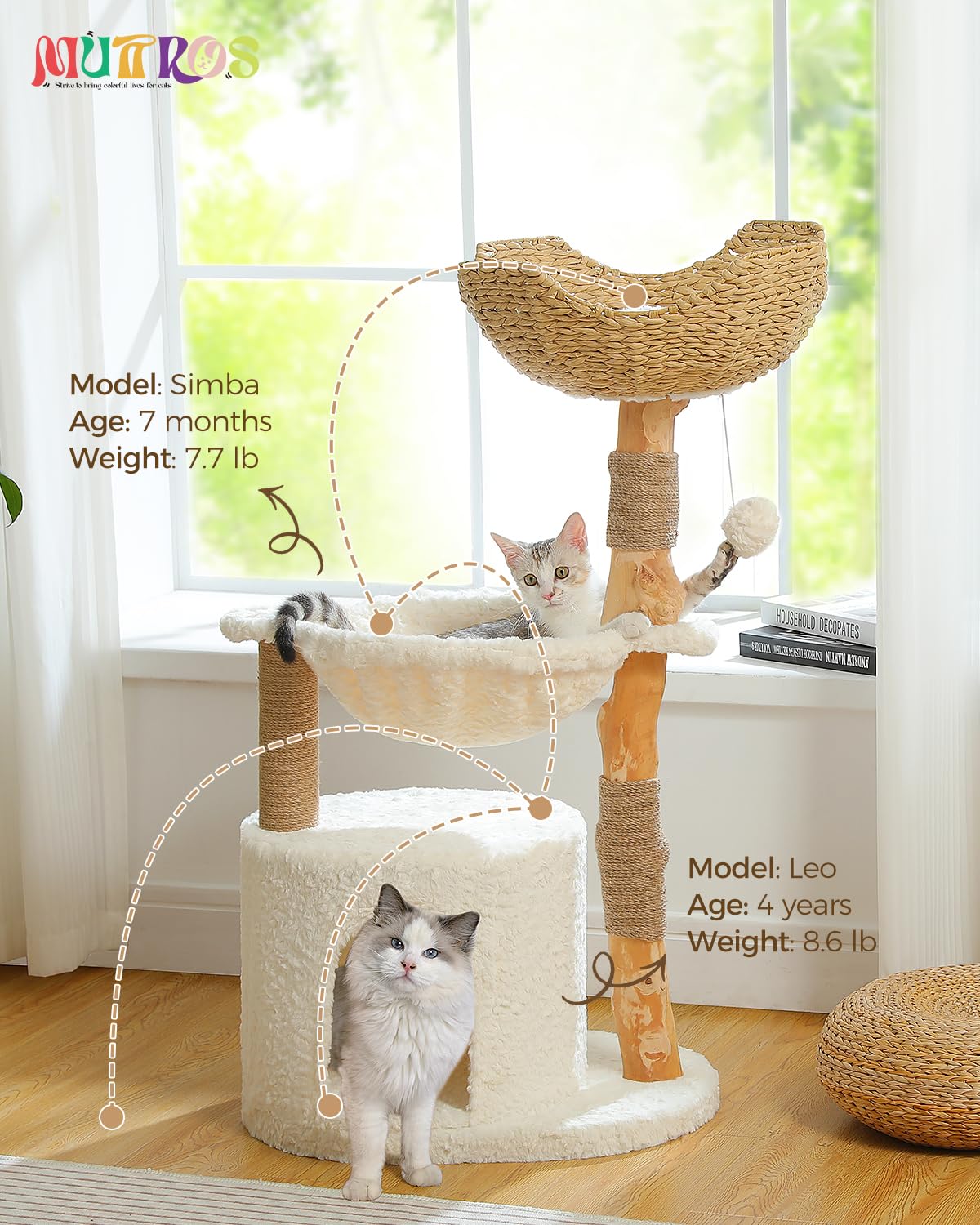 MUTTROS Modern Cat Tree for Large Cats, Wood Cat Tower for Indoor Cats, Real Branch Luxury Cat Furniture with Super Large Cozy Condo and Hammock & Scratching Post, Top Basket, White MUTTROS