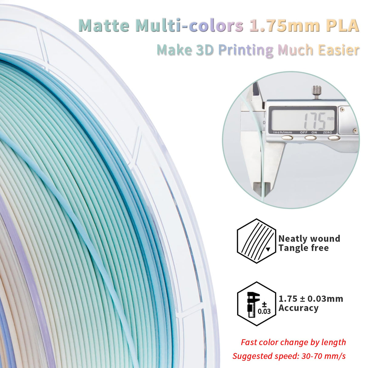 ZIRO PLA Filament 1.75mm, Matte Multicolor 3D Printer Filament, Color Gradient Change PLA, Fast Color Change by Length, Fit Most FDM Printers, Dimensional Accuracy +/-0.03mm,1KG Pastel Spectrum ZIRO