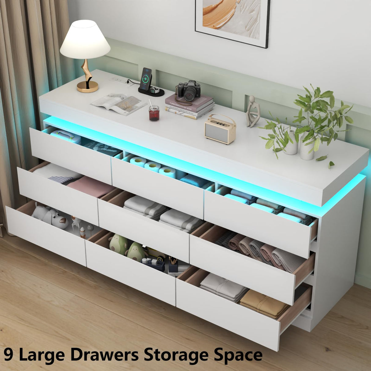 9 Drawer Dresser with Power Outlet, Dresser with LED Light, Modern Chest of Drawers for Closet, Triple Wide Drawer Organizer Cabinet for Bedroom, Living Room, Entryway, Hallway (White, 9 Drawers) Gyfimoie