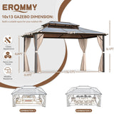 EROMMY 10' x 13' Gazebo Polycarbonate Double Roof Canopy Outdoor Aluminum Frame Pergola, Permanent Pavilion with Netting and Curtains for Garden Patio Lawns Parties EROMMY