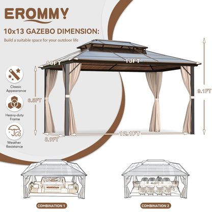 EROMMY 10' x 13' Gazebo Polycarbonate Double Roof Canopy Outdoor Aluminum Frame Pergola, Permanent Pavilion with Netting and Curtains for Garden Patio Lawns Parties - WoodArtSupply