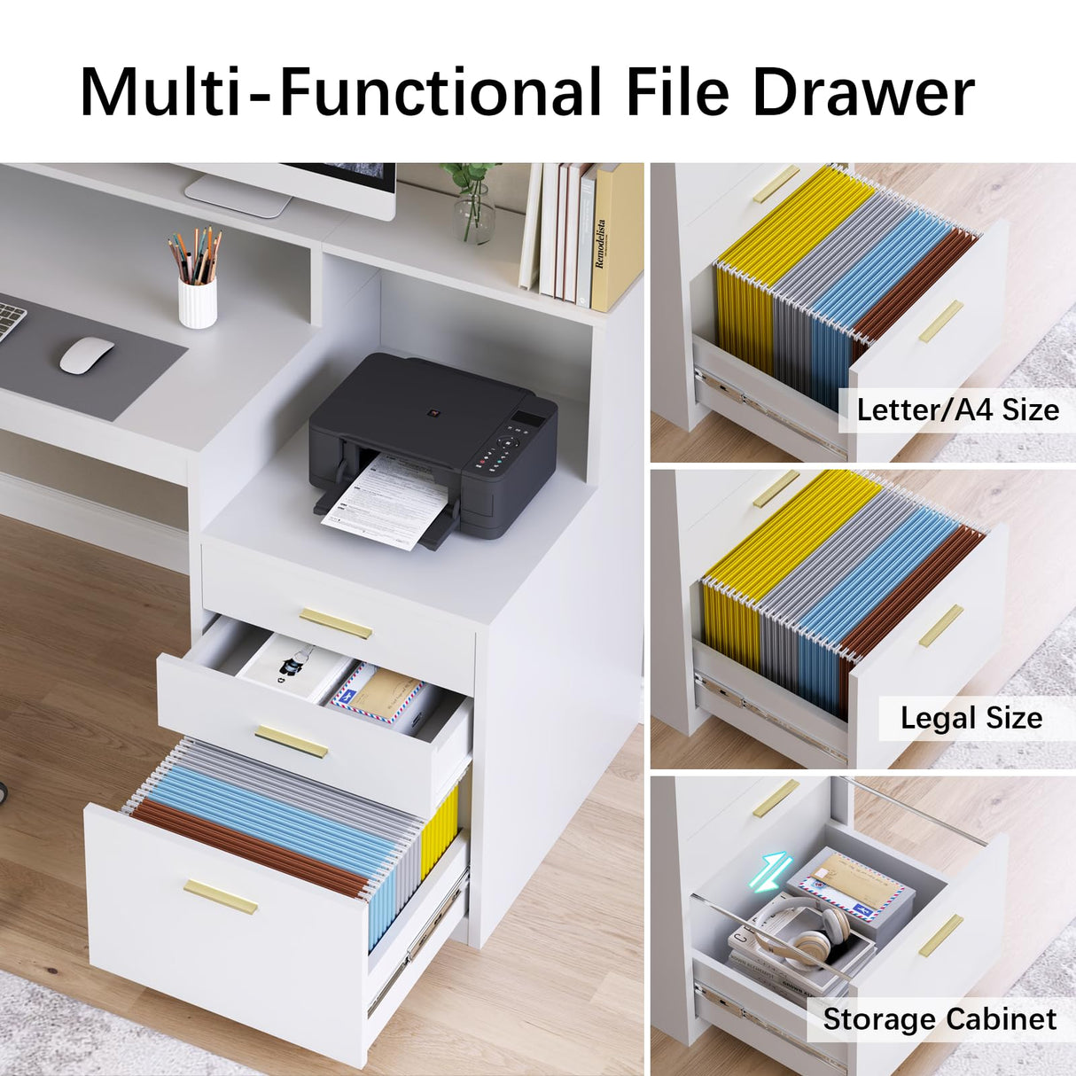 YOMILUVE Computer Desk with 3 Drawer & Storage Shelves, Home Office Desk with File Drawer & Cabinet, Writing Study Table with Long Monitor Stand & Printer Shelf, Executive Desk, White YOMILUVE