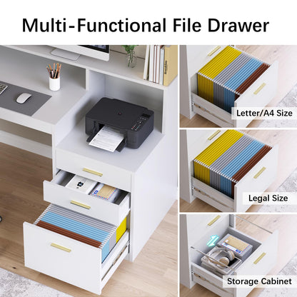 YOMILUVE Computer Desk with 3 Drawer & Storage Shelves, Home Office Desk with File Drawer & Cabinet, Writing Study Table with Long Monitor Stand & Printer Shelf, Executive Desk, White - WoodArtSupply