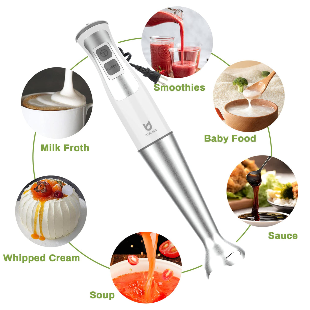 Immersion Hand Blender, UTALENT 5-in-1 8-Speed Immersion Blender with 500ml Food Grinder, 600ml Container,Milk Frother,Egg Whisk,Puree Infant Food, Smoothies, Sauces and Soups - White UTALENT