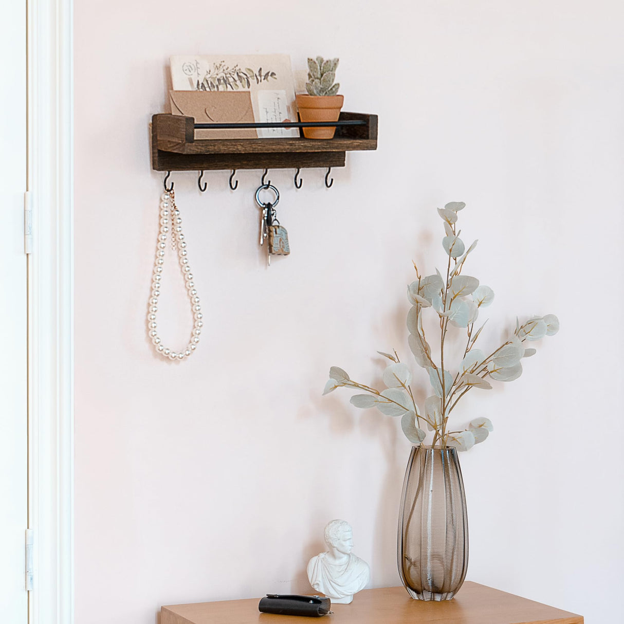 Mkono Key Holder for Wall 9.5" x 3.5" x 2.5" Small Rustic Wood Key Rack with 6 Hooks Decorative Display Keys Hanger Organizer for Entryway Living Room Bedroom Bathroom Office Home Decor Mkono