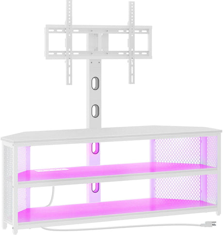 Rolanstar TV Stand with Mount and Power Outlet, Swivel TV Stand Mount with LED Lights for 32/45/55/60/65/70 inch TVs, White Entertainment Center Media Console with Height Adjustable Mount Rolanstar