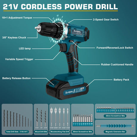 Tool Kit with 21V Cordless Drill - Sundpey 255-PCs Portable Complete General Basic Home and Auto Repair Tool Set with Drawer for Handyman & Diyer & Homeowner - Power Drill with 2 x 2.0Ah Batteries Sundpey